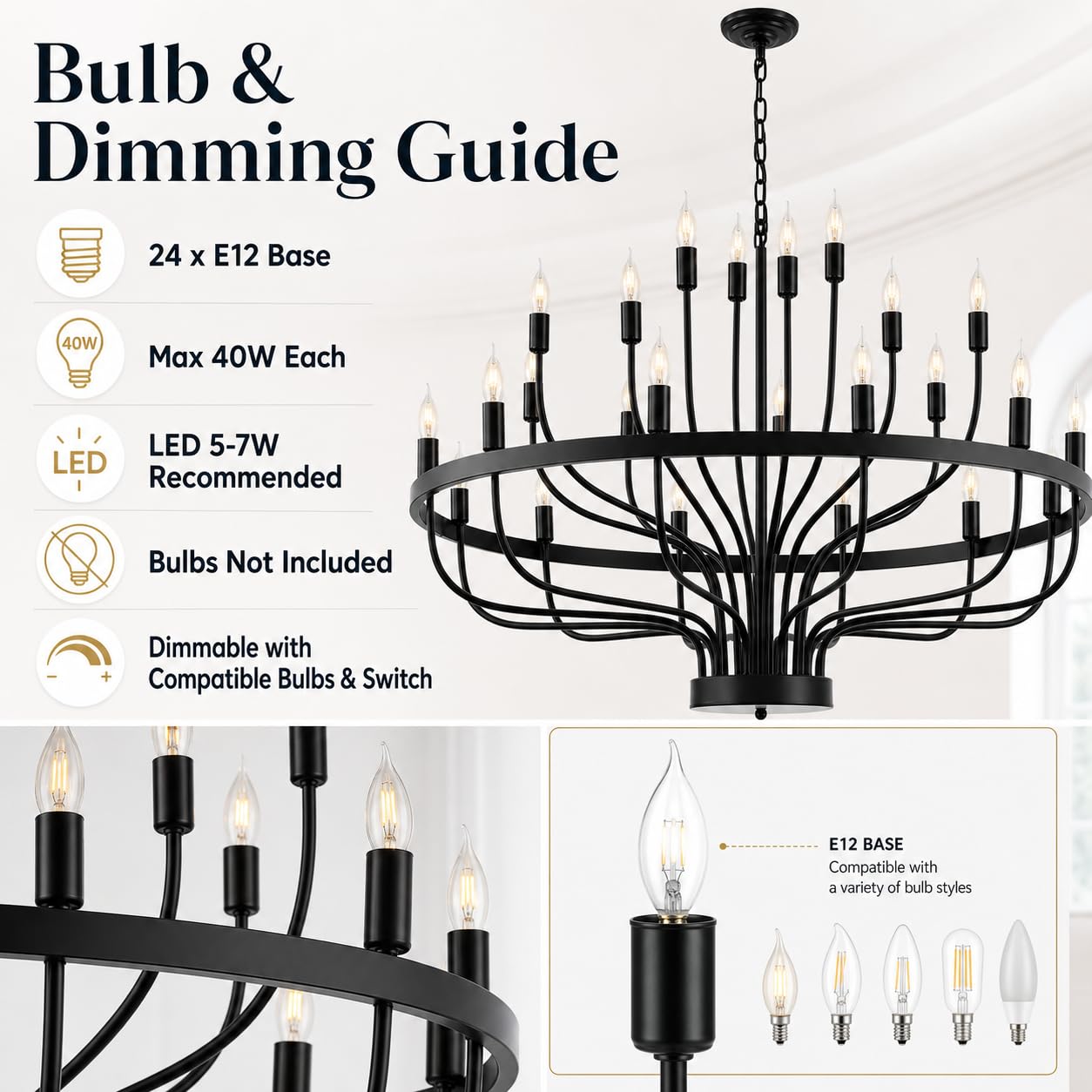 Shandaglo Large Black Chandelier 24-Light, Round 3-Tier Wagon Wheel Fixture, 39 in Farmhouse Candle Pendant with E12 Base for Dining Room, Foyer, Living Room, Hallway, High Ceiling