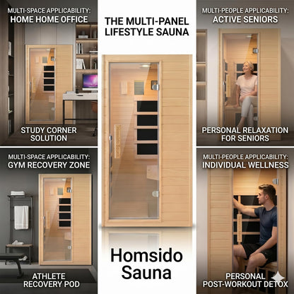Far Infrared 1 Person Hemlock Wood Sauna ， MINI Indoor Sauna with 110V 5 Heating Panels Bluetooth 6mm Tempered Glass Compact Indoor Home Spa Personal Sauna,Home Gym Workout Gift（57.9 * 27 * 32In）