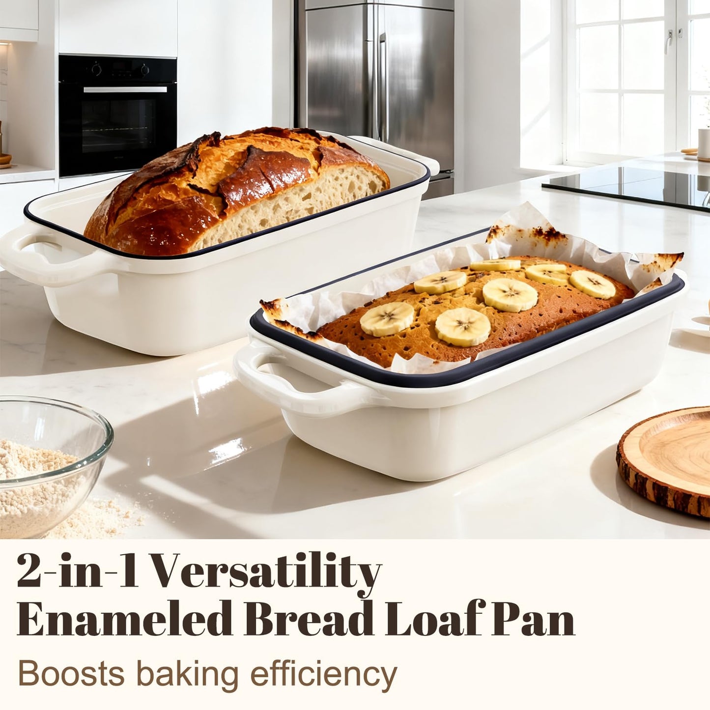 DYCYRQ Enameled Cast Iron Sourdough Bread Dutch Oven, Cast Iron Loaf Bread Pan for Homemade Bread Baking, 2PCS 8.5 x 4.5 Inch Meatloaf Pan with Lid, Oven Safe, Cream