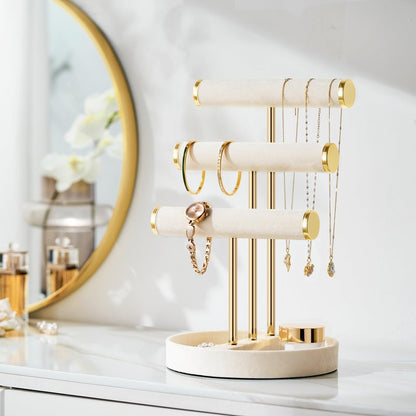 bussdis Bracelet Holder Jewelry Organizer Display - 3 Tier T Bar Velvet Stand, Beige Necklace Holder Organizer, Bracelet Holder, Earring Holder and Ring Display for Jewelry Organizers and Storage