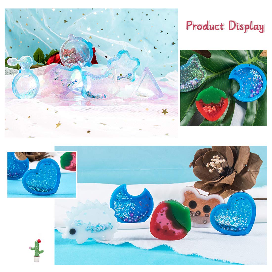 FineInno 11Pcs Quicksand Resin Casting Molds,Resin Art Shaker Mold, Crystal Silicone Hollow Mould Epoxy Pendant Mold Heart, Star, Moon,Bottle,Cat Head