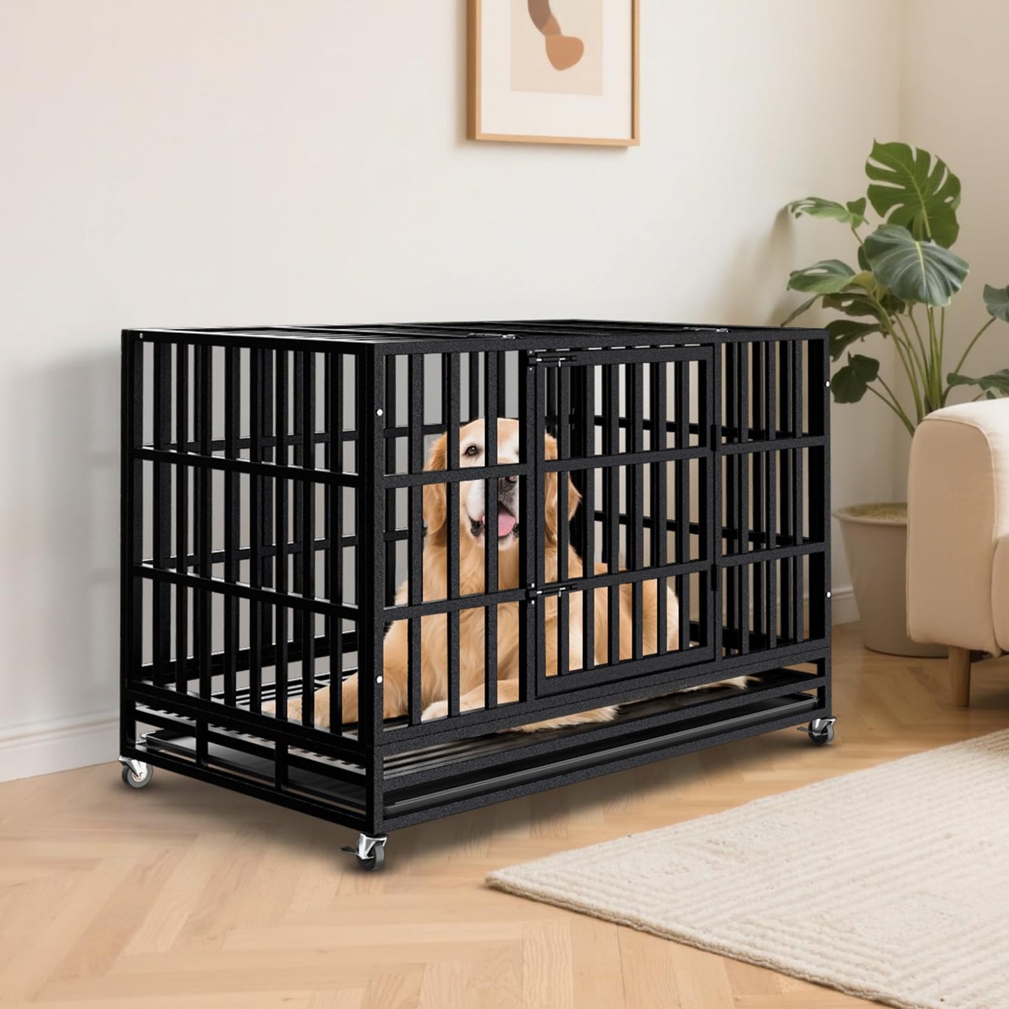 SHUSHIM 48 Inch Heavy Duty Dog Crate Kennel with Wheels, High Anxiety Indestructible Dog Crates for Large Dogs, XL XXL Extra Large Dog Crate with Removable Plastic Tray, Two Locks (Black, Square)