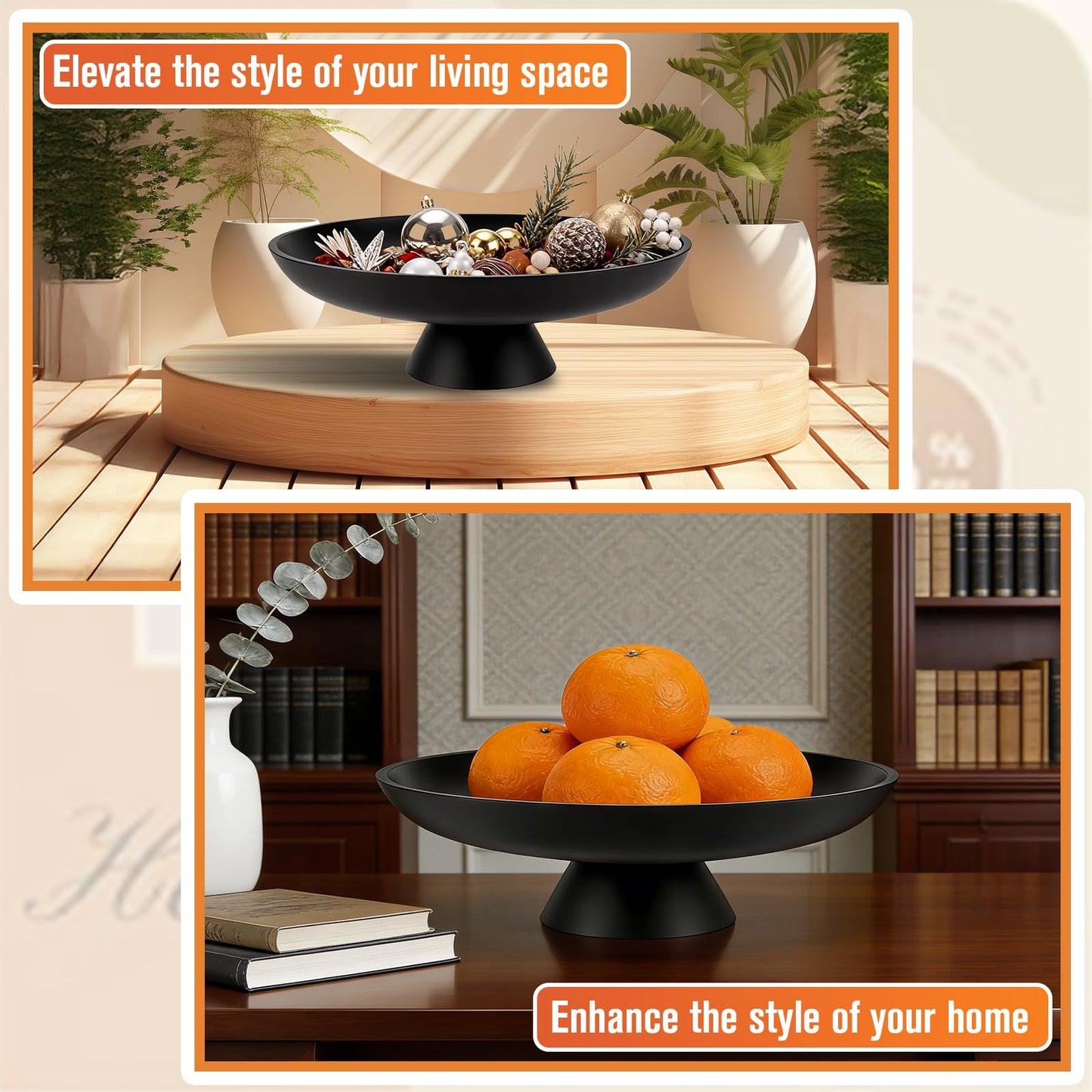 ZMCYNG Concrete Decorative Fruit Bowls for Kitchen Counter, 11" Large Decorative Bowl for Home Decor Coffee Table Centerpiece, Handcrafted Key Bowl for Entryway Table, Modern Black Pedestal Bowls