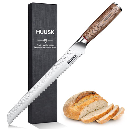 Huusk Japanese Sourdough Bread Knife - 10" Sharp Bread Slicing Knife for Homemade Cake Toast Bagel, Stainless Serrated Long Knives for Fruit Vegetable Watermelon, Gift Idea for Men Women Baking Lover