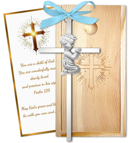 Baptism Gifts for Boys & Girls,First Communion Gifts for Kids,Christening Baby Shower Party 6in Praying Cross (1pc Silver Boy with Wooden Box)
