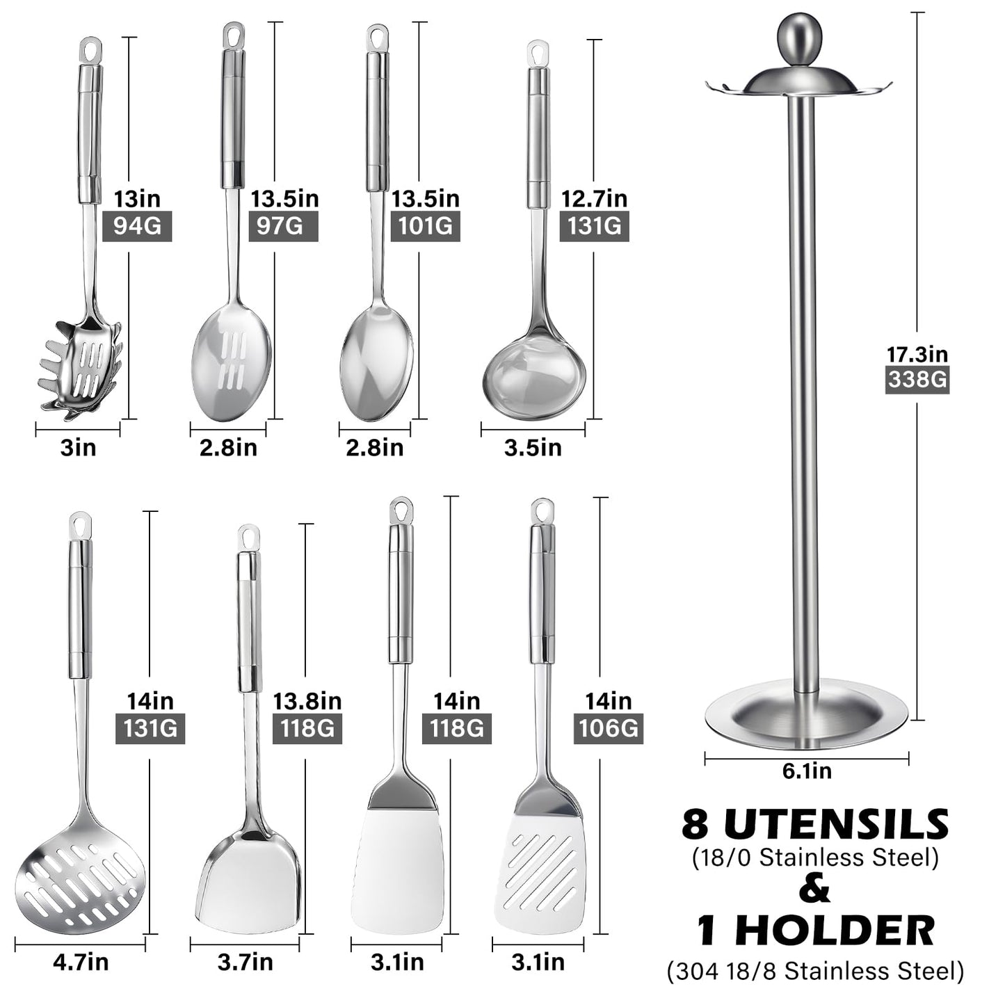 LemonRoad 9 Pcs 18/0 Stainless Steel Cooking Utensils Set Metal Kitchen Utensil Set with Holder, Dishwasher Safe, Adult Home Cooking Housewarming Daily Use