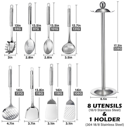 LemonRoad 9 Pcs 18/0 Stainless Steel Cooking Utensils Set Metal Kitchen Utensil Set with Holder, Dishwasher Safe, Adult Home Cooking Housewarming Daily Use