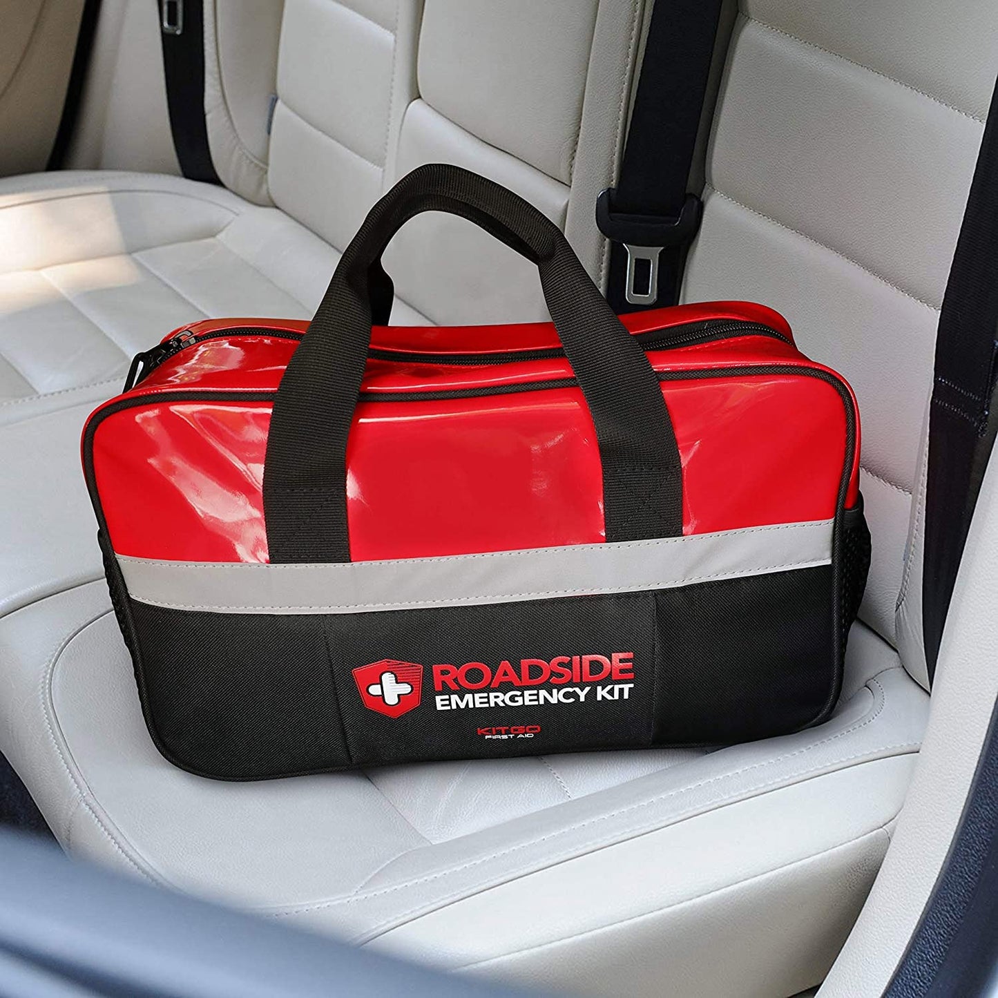Kitgo Car Emergency Kit,Premium Roadside Assistance Essentials with Jumper Cables, Flashlight, Shovel, Screwdriver Set - Ideal Auto Road Safety Kit, Survival, Truck, RV and More Gift for Father (Red)