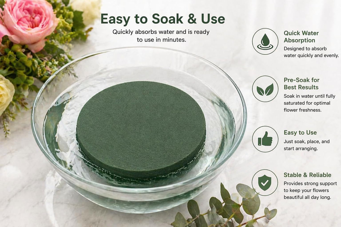 6 Pack Floral Foam Blocks Round 6.5 Inch, Green Flower Foam for Fresh and Artificial Flowers, Wet Dry Foam for Floral Arrangements, DIY Flower Supplies