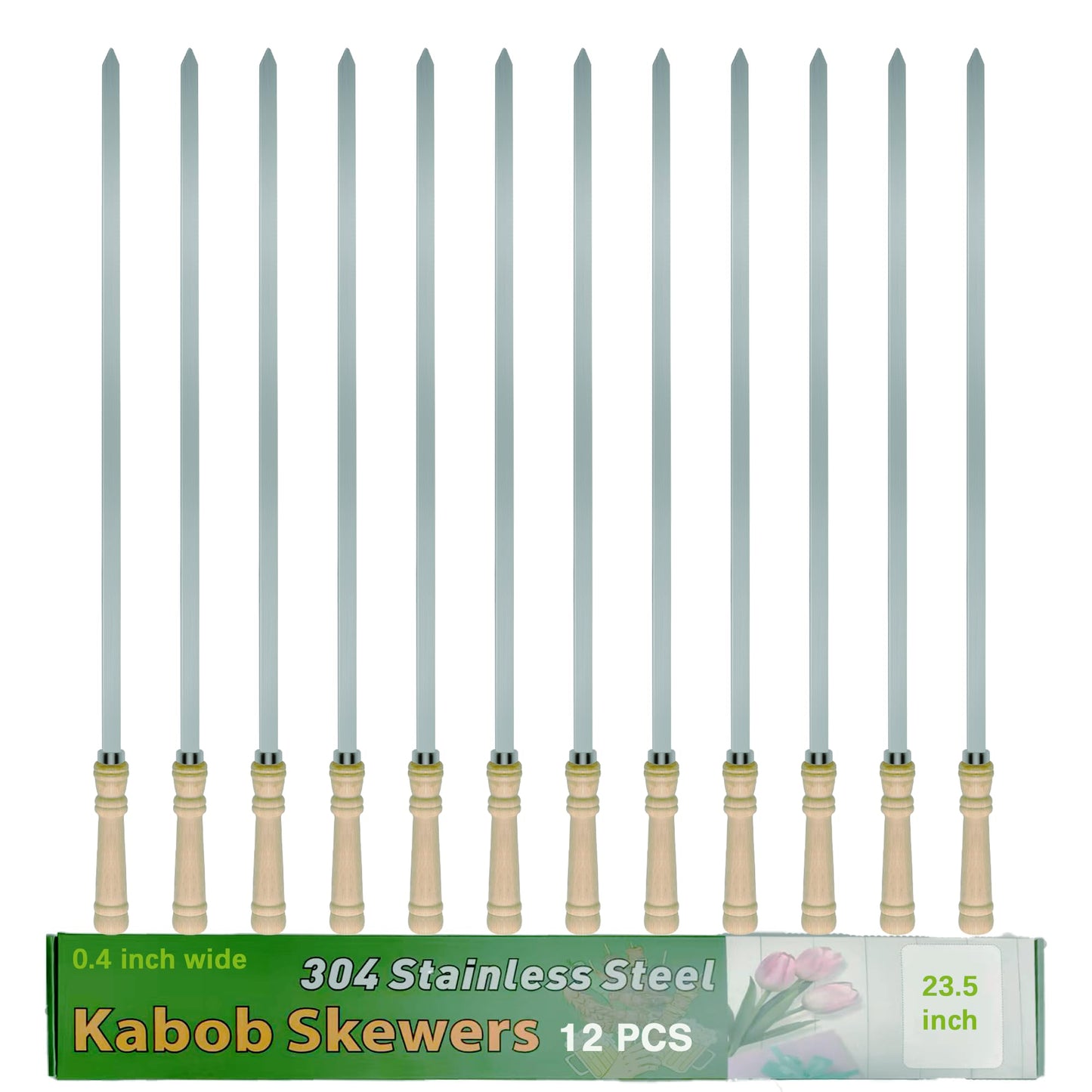 JOWHONK 23.5" Large Skewers for Grilling,304 Stainless Steel 0.4 inch Wide Kabob Skewers with Wooden Handle,Heavy-Duty Flat Metal Kebab Skewer,BBQ Barbecue Skewer Reusable for Outdoor Grill-12PCS