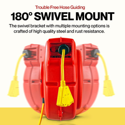 ReelWorks Extension Cord Reel Retractable 12AWG x 65' Foot 3C/SJT Heavy Duty Commercial Cable Triple Tap Connector Power 15A 125VAC 1875W