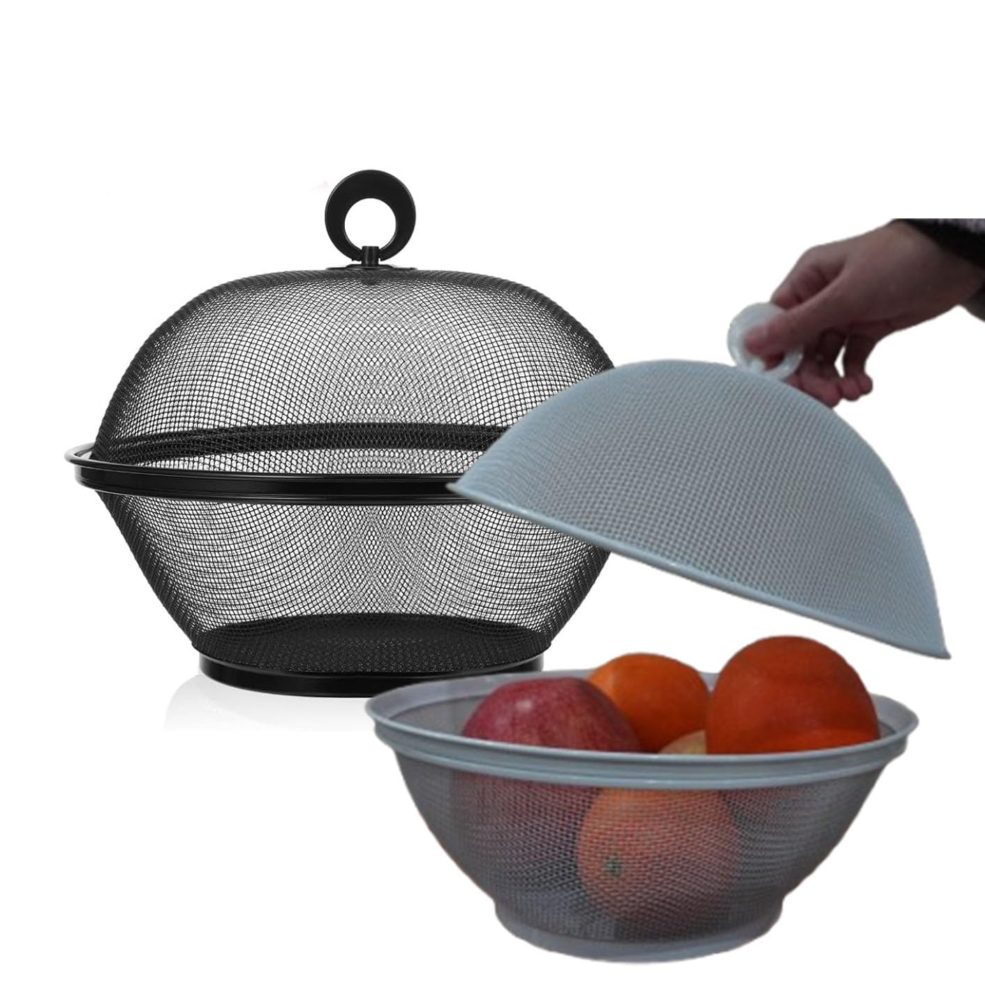 YELKPX Metal Mesh Fruit Bowl with Lid (Set of 2) - Fruit Fly Proof Kitchen Counter Storage Basket for Fruits, Vegetables, Bread - Black White Green Gray Options (Black & White)