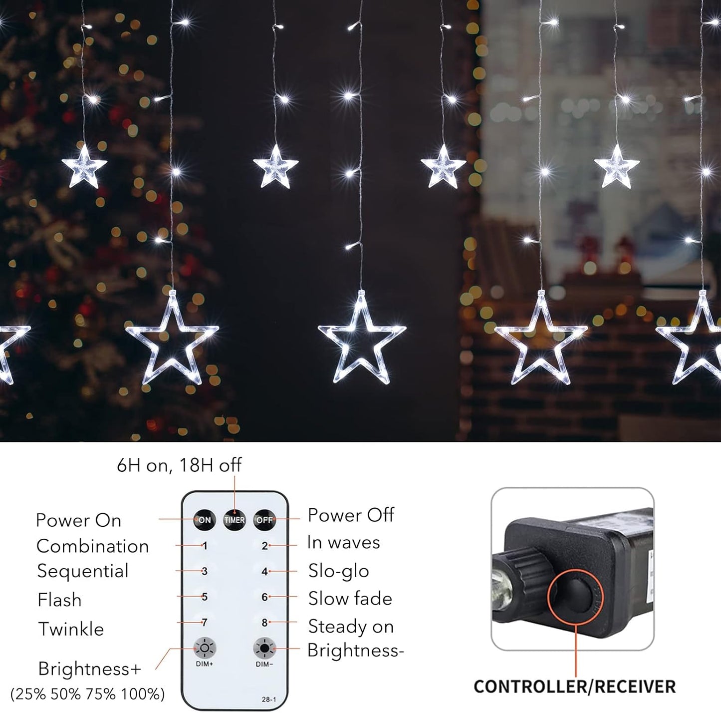 Star Curtain Lights for Bedroom - 9ft Plug-in 138 LED Fairy Twinkle Lights with Remote & 12 Star Drops