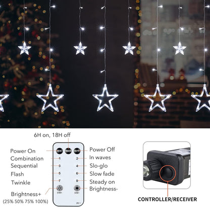 Star Curtain Lights for Bedroom - 9ft Plug-in 138 LED Fairy Twinkle Lights with Remote & 12 Star Drops