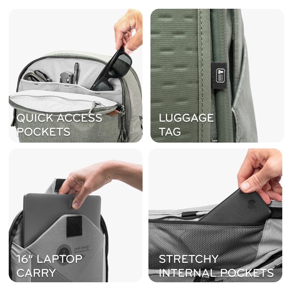 Peak Design Travel Backpack 45L, Black, Expandable 35-45L Design, Rear and Top Access, Weatherproof Shell, Laptop Sleeve, Ideal for Travel or Everyday Carry, Versatile Backpack for Men and Women