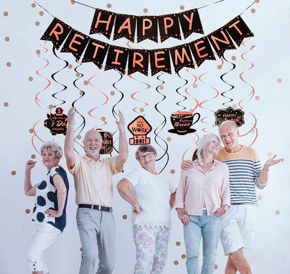 Retirement Party Decorations for Women, Black Rose Gold Happy Retirement Banner and Swirls with Rose Gold Confetti