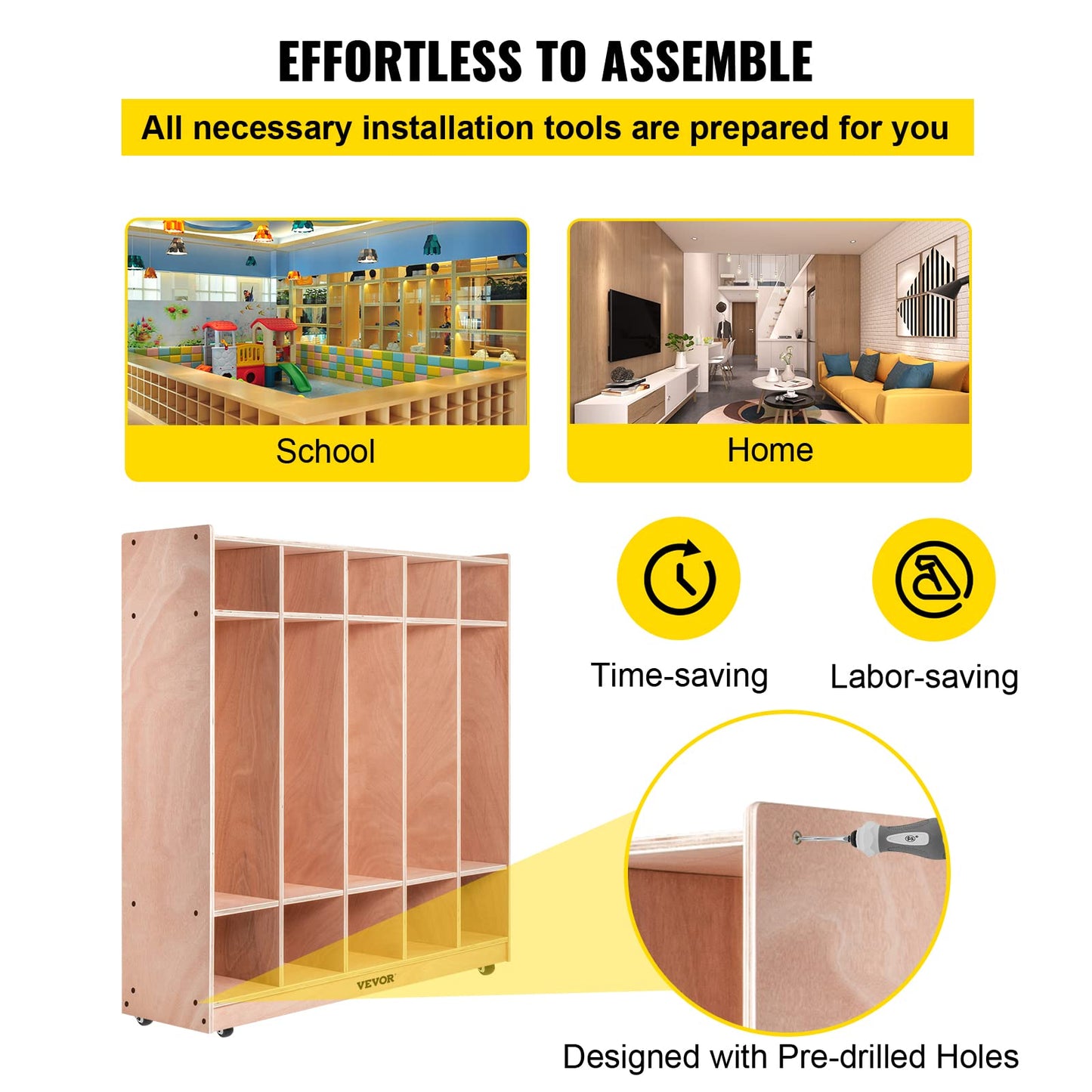 VEVOR Wooden Storage Cabinet, 5-Section Storage Locker with 10 Cubbies Shelf, Multi-Compartment Cubby Shelf with 5 Hooks for School, Classroom, Daycare, Home and Preschool