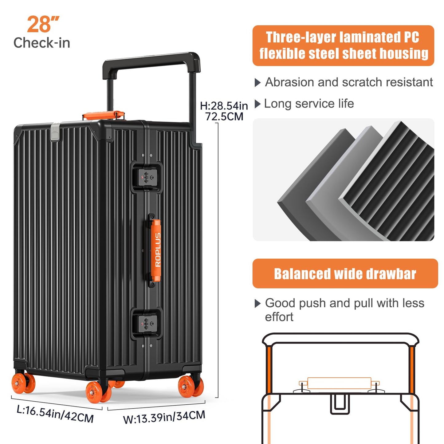 ROPLUS Aluminium Frame Checked- In Luggage with Smooth Jelly Wheels, Hardside Zipperless Rolling Suitcase with TSA Lock (BlackOrange, 28-Inch)