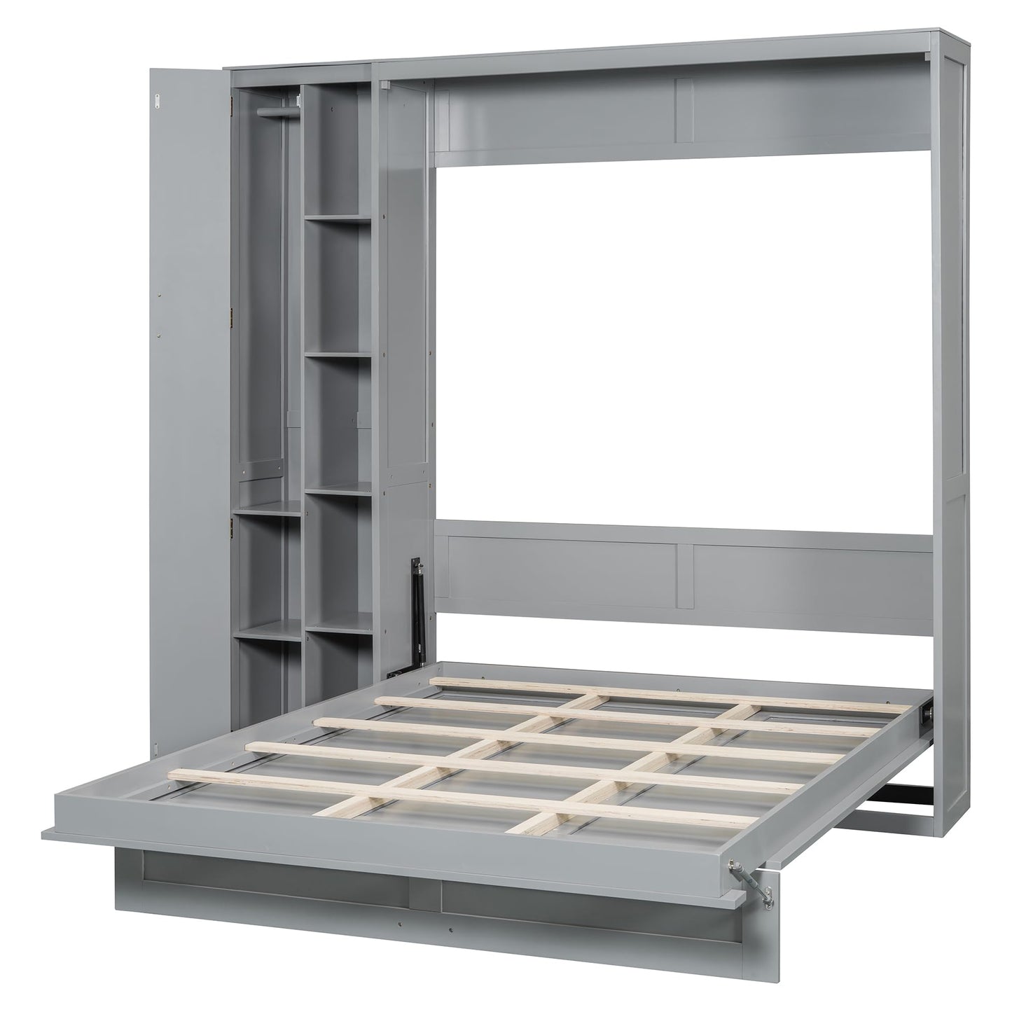 Ball & Cast Murphy Bed Queen Size Wall Chest with Shelves and 4 Drawers,Wood Hideaway Cabinet Platform Bedframe w/LED Lights,can be Folded,Space-Saving,for Small Room,Dorms,Gray