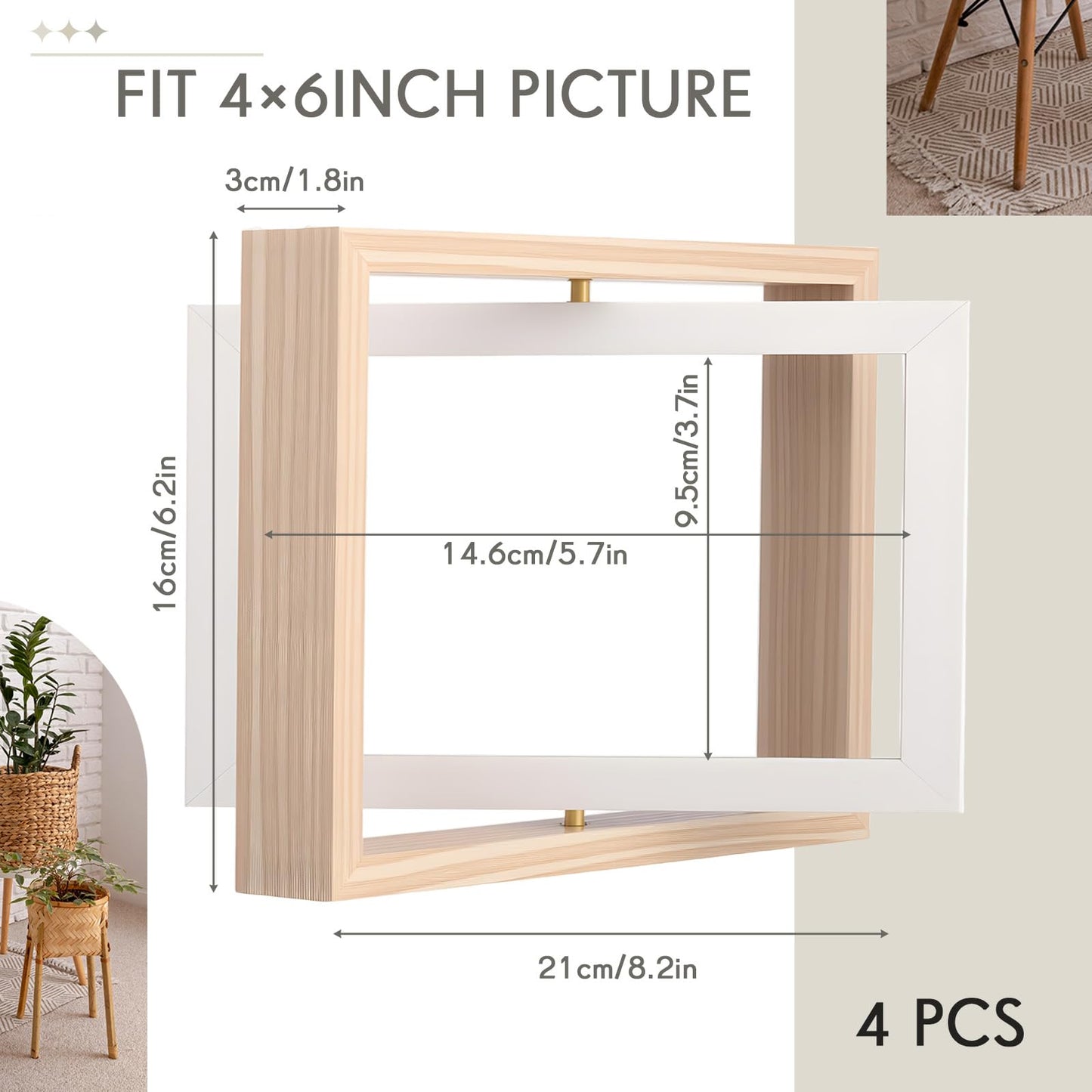 AceOrbit 4 Pack 4" x 6" Rotating Floating Picture Frames Double Sided Display with Hd Front Wooden Distressed Frame Swivel Picture Rustic Desk Standing Frame for Vertical Horizontal Tabletop Display