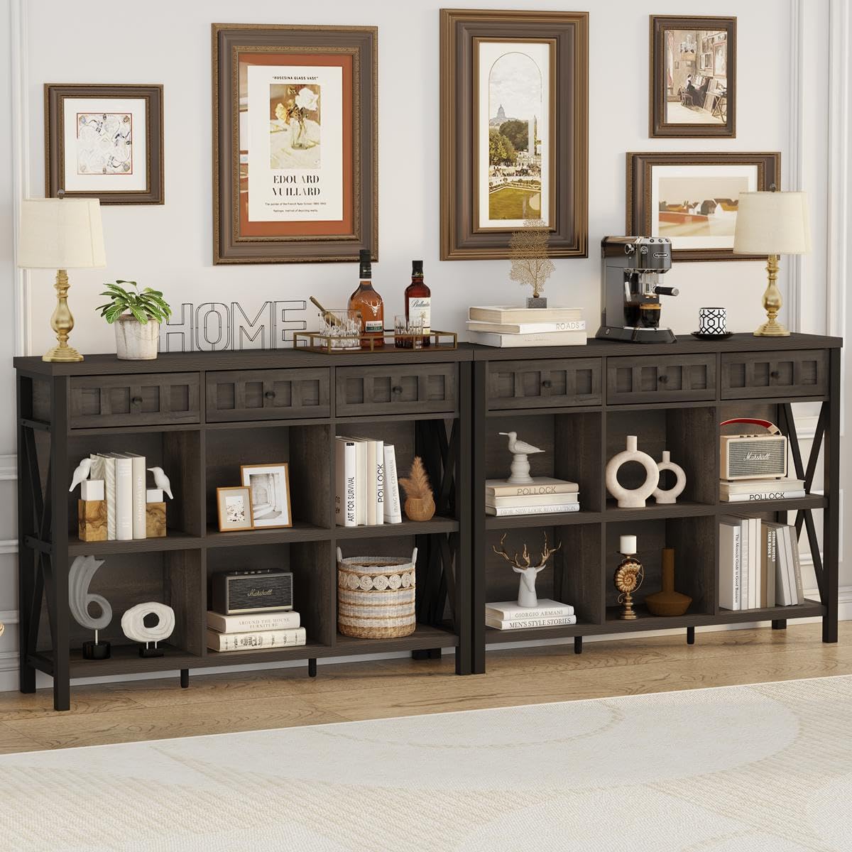 FATORRI Rustic 6 Cube Storage Organizer Bookshelf with 3 Drawers, Short Low Horizontal Bookshelf for Living Room, Industrial Wood and Metal Cubby Bookcase for Home Office (Walnut Brown, 47 Inch)