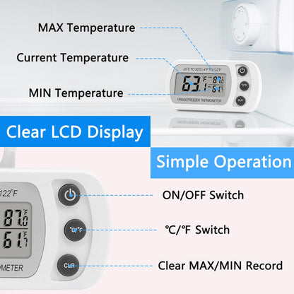 Lasubst Digital Refrigerator Thermometer 2 Pack for Fridge Freezer Cooler Waterproof, White