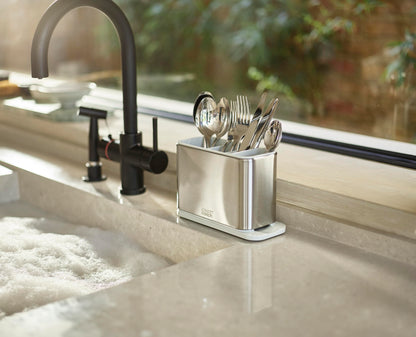 Joseph Joseph Surface Kitchen Sink Silverware Drainer, Utensil Cutlery and Kitchen Gadgets Holder with Draining Base, Stainless Steel, Gray
