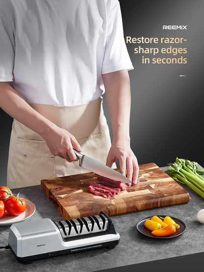 Reemix Electric Knife Sharpener with 4-Stage Sharpening (Repair, Coarse, Medium, Fine & Polish), 20° Fixed Angle, Non-Slip Base & Metal Shavings Collector for Kitchen Knives (Sliver)