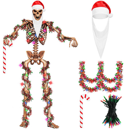 JcHrmers 4 Pcs Christmas 12 ft Skeleton Santa Costume Accessories Including Giant Santa Hat Top Long Beard Inflatable Candy Cane 16.4FT Christmas Tinsel Garland for Xtmas Outdoor Decor