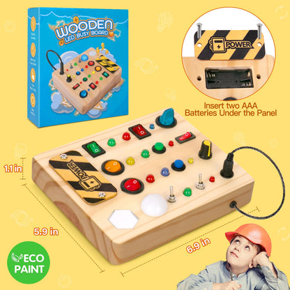TINTECUSA Busy Board Montessori Toys for Toddler, Wooden Sensory Board Switch Toy with Shape Sorter LED Light Up Toys Educational Plane Travel Activity for Girls & Boys