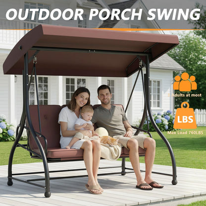 3 Seat Outdoor Porch Swing with Stand, 760 lbs Capacity Heavy Duty Patio Glider Swings for Adults, Convertible 2 in 1 Patio Swings Bed with Adjustable Canopy & Thick Cushions for Garden Yard