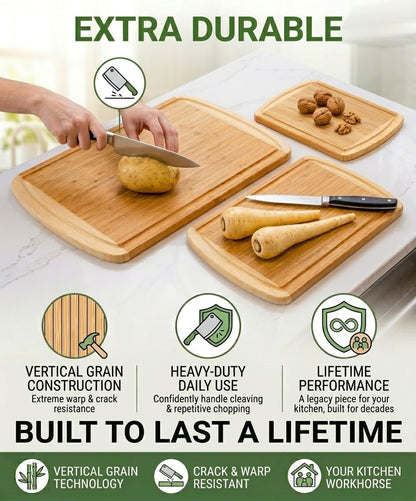 Greener Chef Luxury XL Bamboo Cutting Board Set of 3 with Vertical Grain Strength Technology - Extra Large Wood Cutting Boards for Kitchen and Lightweight Chopping Board Set - Replacements for Life