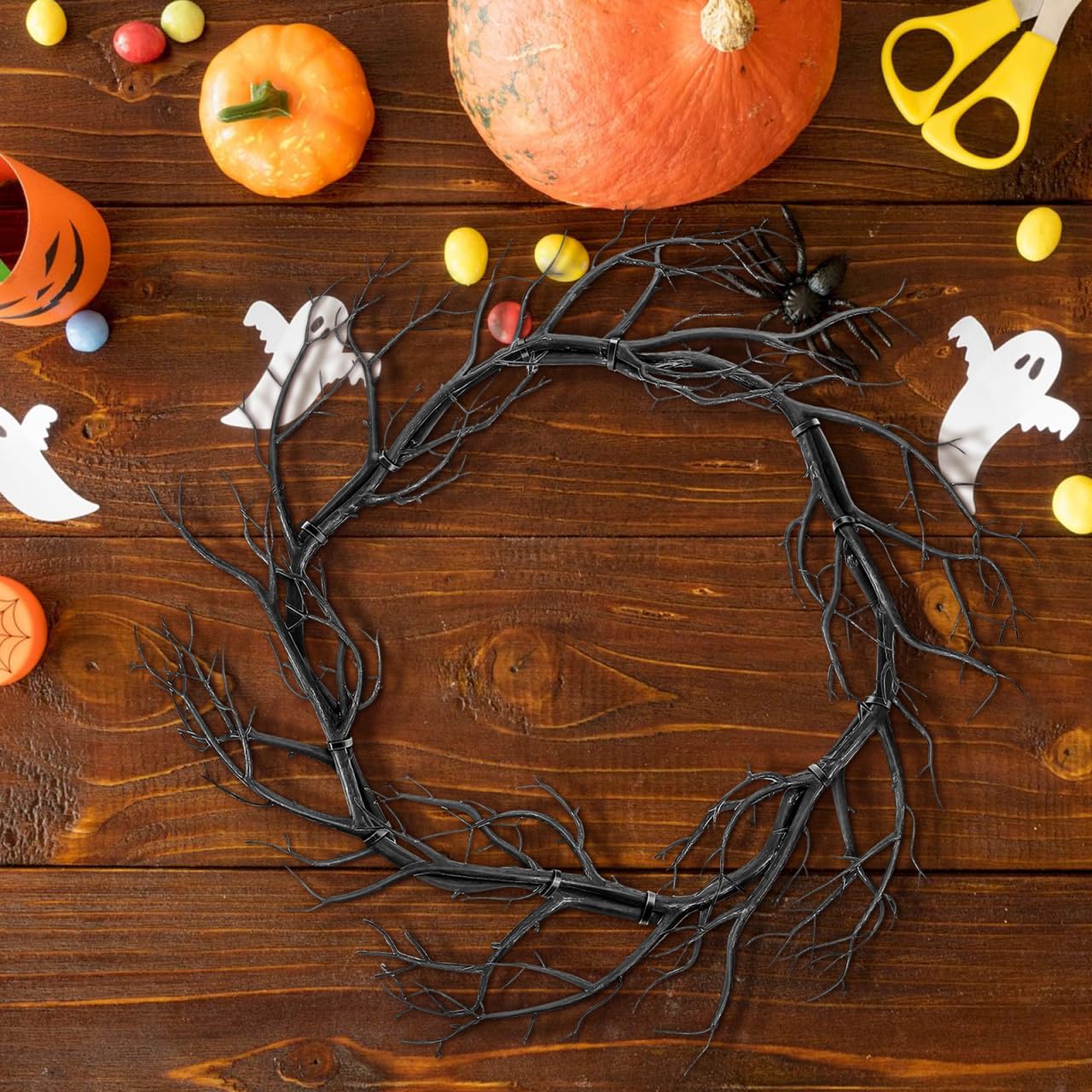 HOODANCOS Black Twig Halloween Wreath Medium Artificial Dead Branch Garland for Indoor Outdoor Party Home Wall Decor Seasonal Halloween Pendant