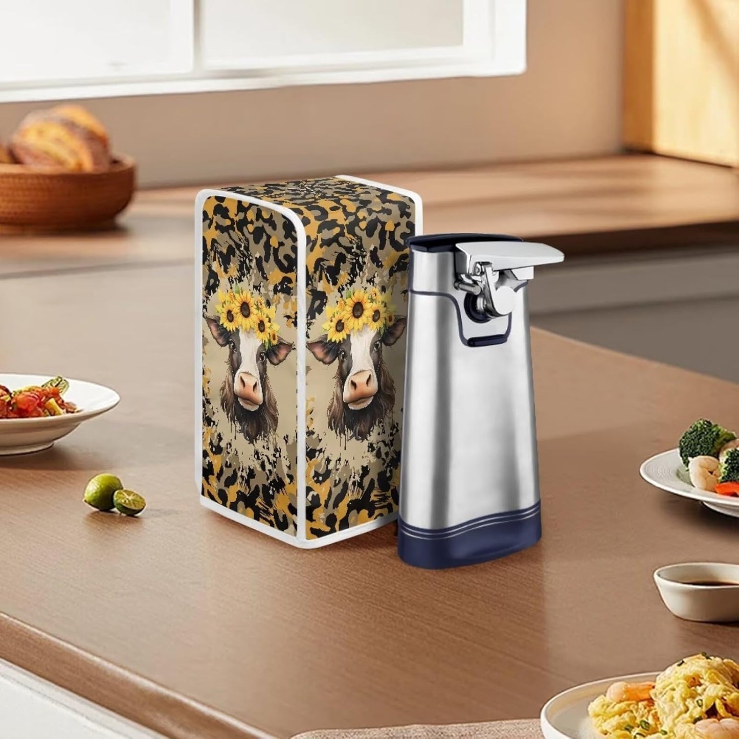 Foldable Electric Can Opener Cover, Sunflower Brown Cow, Dust Covers for Home Decor, Electric Kitchen Appliance