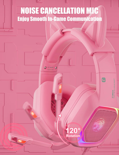 ZIUMIER Gaming Headset with Detachable Cat Ears, Compatible with PS4 PS5 Xbox One PC Laptop, Over-Ear Headphones with LED Light, Noise Canceling Mic, Stereo Surround Sound (Pink Cat)