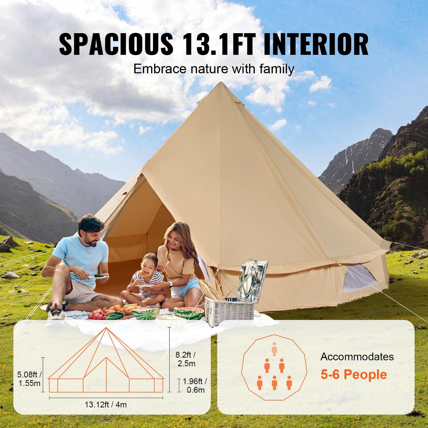Happybuy Canvas Bell Tent, 4 Seasons Breathable 100% Cotton Canvas Yurt Tent - w/Stove Jack, 13.1ft / 4m Luxury Glamping Tent Waterproof Canvas Tents for Family Camping Outdoor Hunting Party