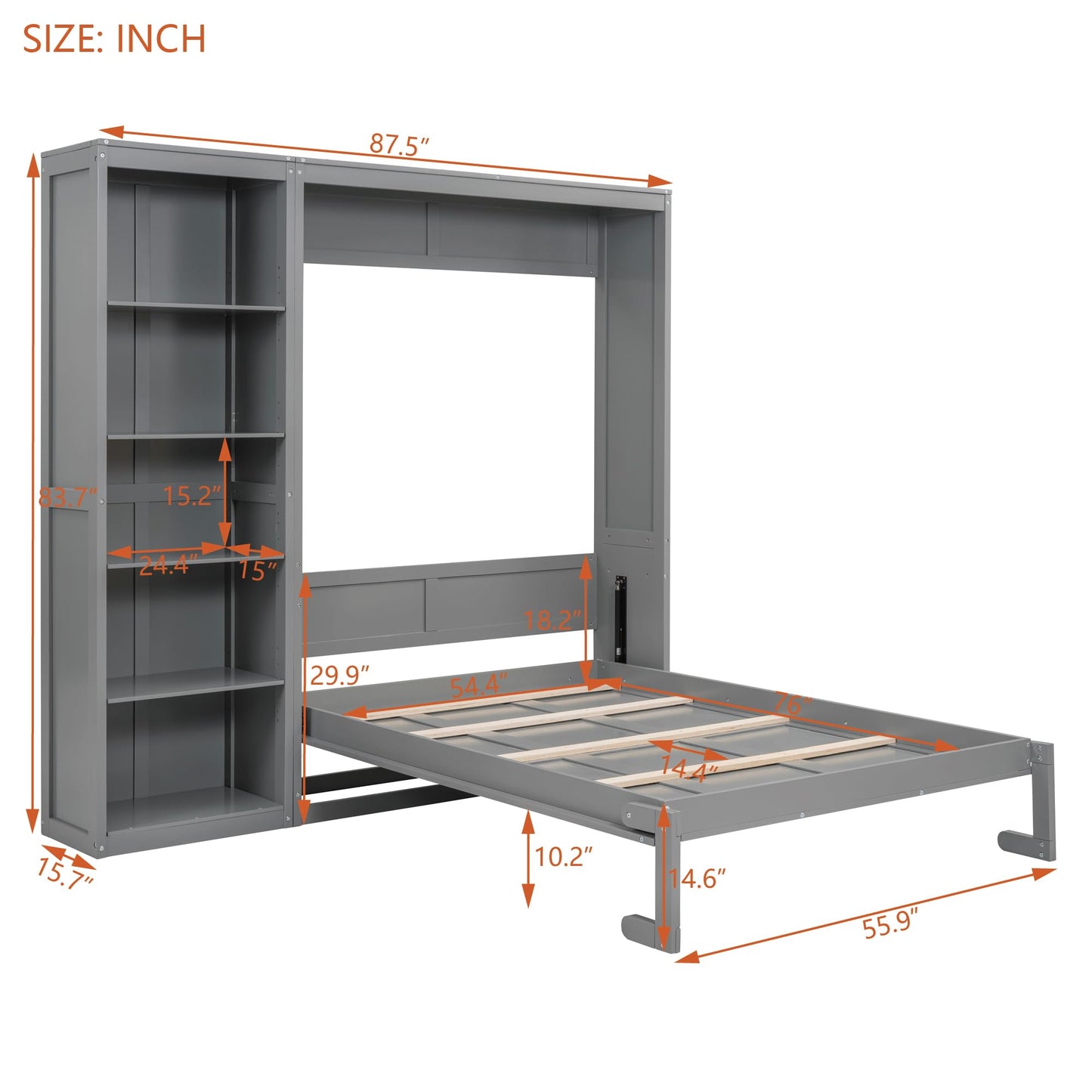 Merax Space-Saving Gray Murphy Bed Full Size with Adjustable Storage Shelves, Multifunctional Foldable Wall Bed for Small Spaces Studio Study Office Guest Room