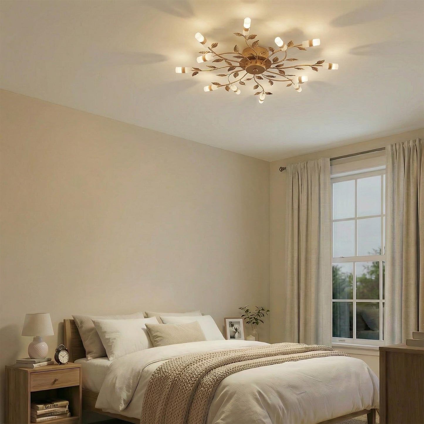 Lucande 31.5" Rustic Floral Ceiling Chandelier, 12-Light LED, Bronze Finish Close to Ceiling Light Fixture for Bedroom Living Room Dining Room Entryway, Warm White 3000K, Shallow Height