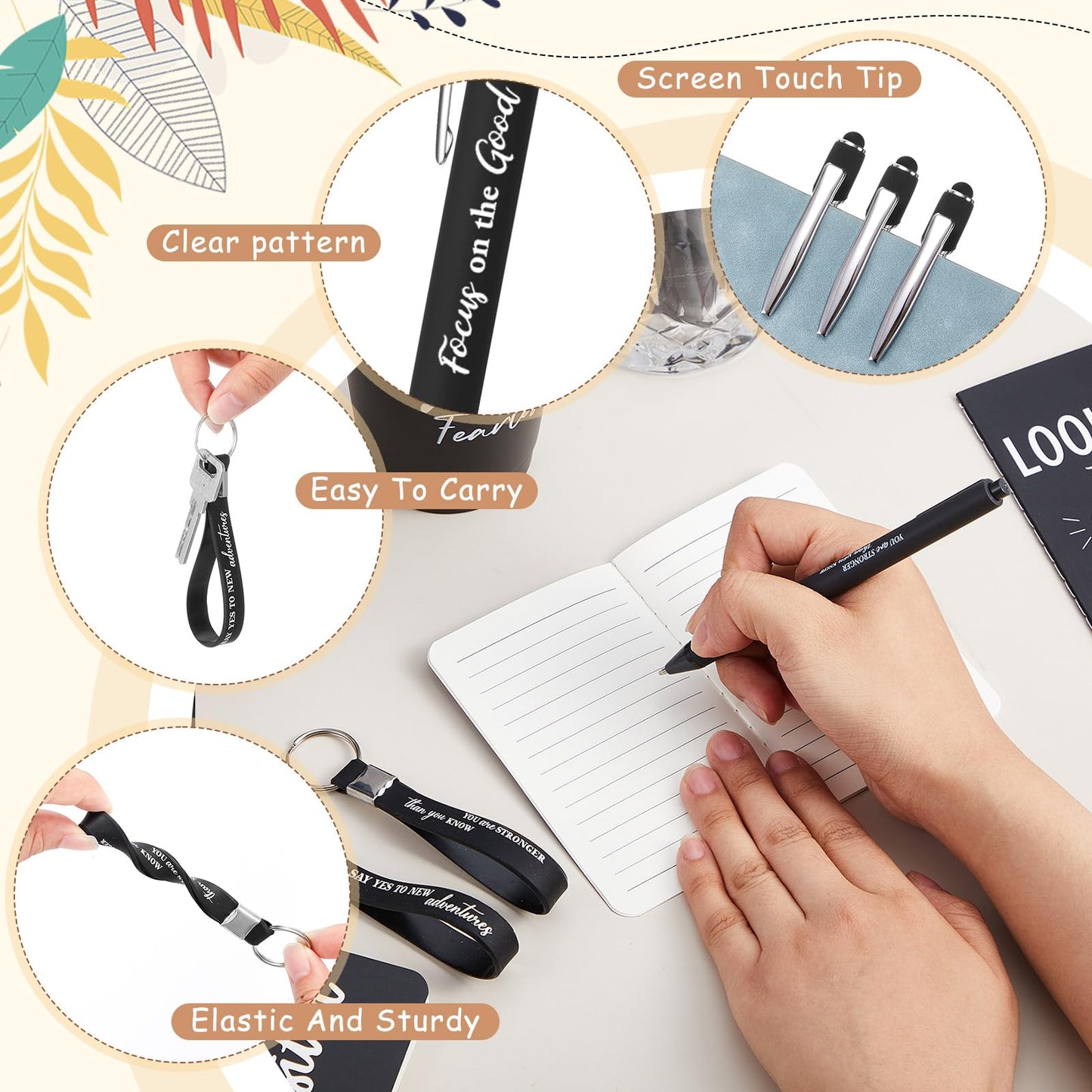 Hollowfly 24 Sets/96 Pcs Inspirational Gifts Bulk for Employee Recognition Appreciation, 24oz Plastic Cups Pens Notebooks Keychains Set, Gifts for Office School Teachers Staff Coworkers (Black)