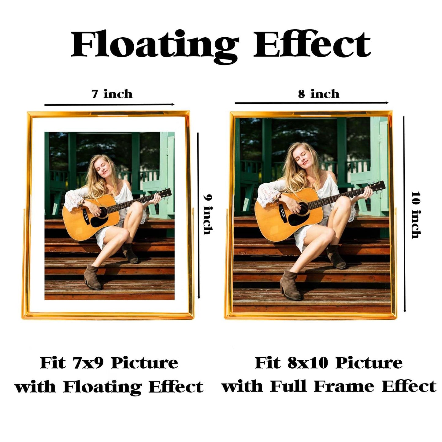 xinkerco 8X10 Gold Floating Picture Frame, Tabletop Metal Tempered Glass Picture Frames for Picture 7x9, 6x8, 5x7, Gift for Birthday, Festival, Wedding, Home or Office Decor (gold, 5x7, Vertical)