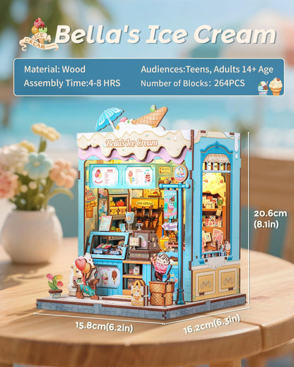 CUTEBEE Book Nook Kit, DIY Miniature House Kits for Adult and Teens, Dollhouse Booknook Tiny House, Bookshelf 3D Wooden Puzzle, DIY Craft Gifts for Family and Friends (Bella's Ice Cream)