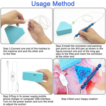 Diamond Art Painting Vacuum Pen Kit, Electric Diamond Art Pen with Storage Tray, No Wax Needed Diamond Art Accessories DIY 5D Art Craft Jewelry Bead Rhinestones(Blue)
