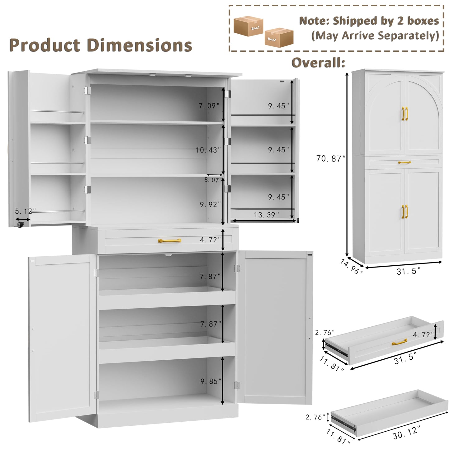 HQZX 71’’ Tall Kitchen Pantry Cabinet, Pantry Storage Cabinet with 6 Doors Shelves, Large Drawer & 2 Pull Out Shelves, Freestanding Cupboard for Kitchen, Dining Room, White