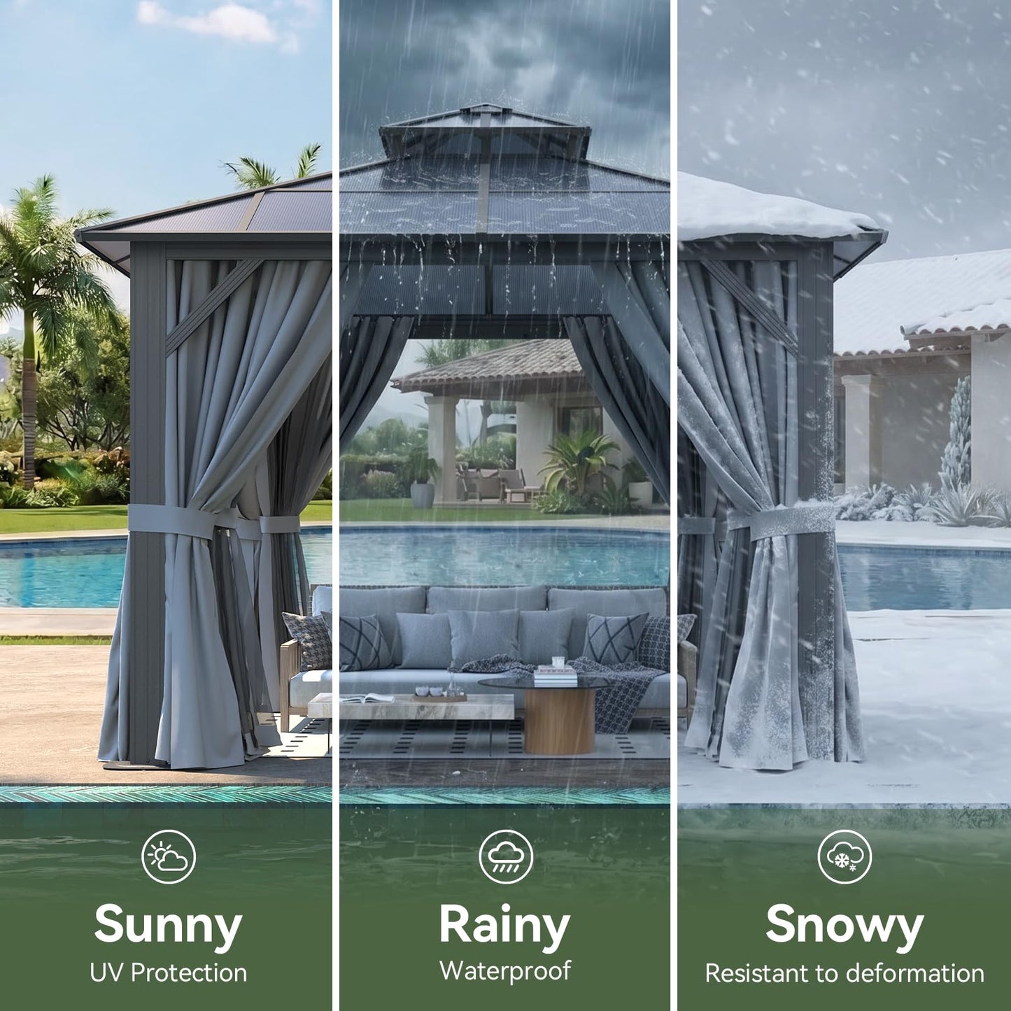 Breezestival 10’x10’ Hardtop Gazebo with Double Polycarbonate Roof Outdoor Metal Gazebo Sturdy Aluminum Frame & Removable Curtains, Netting Permanent Pavilion Pergola for Garden,Patio,Lawn (Gray)