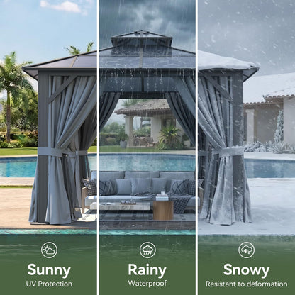 Breezestival 10’x10’ Hardtop Gazebo with Double Polycarbonate Roof Outdoor Metal Gazebo Sturdy Aluminum Frame & Removable Curtains, Netting Permanent Pavilion Pergola for Garden,Patio,Lawn (Gray)
