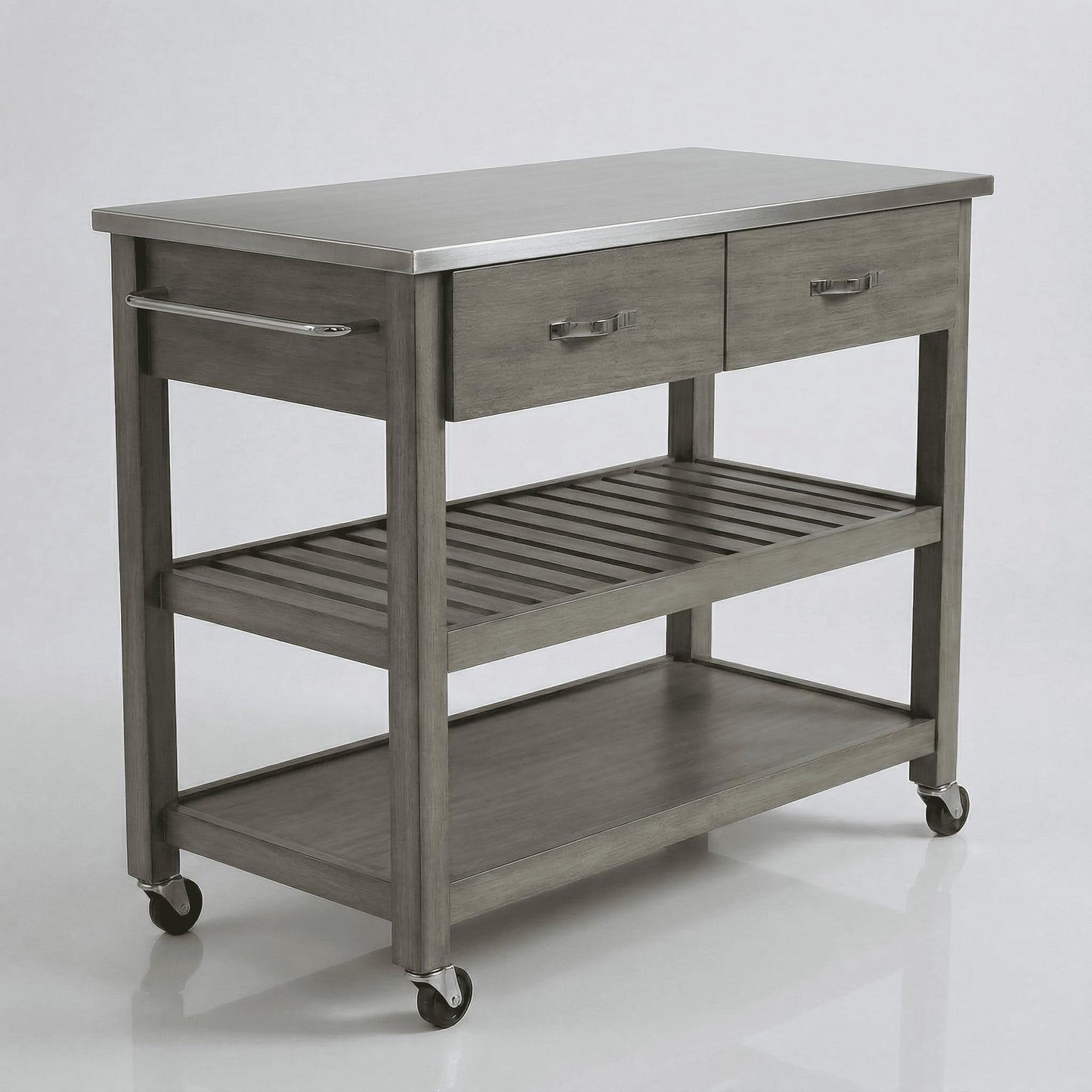 Casaphoria Amanda Collection Solid Wood Kitchen Island, 42" Butcher Block Cart with Stainless Steel Top & Locable Wheels, Prep Table for Small Spaces (Weathered Gray)
