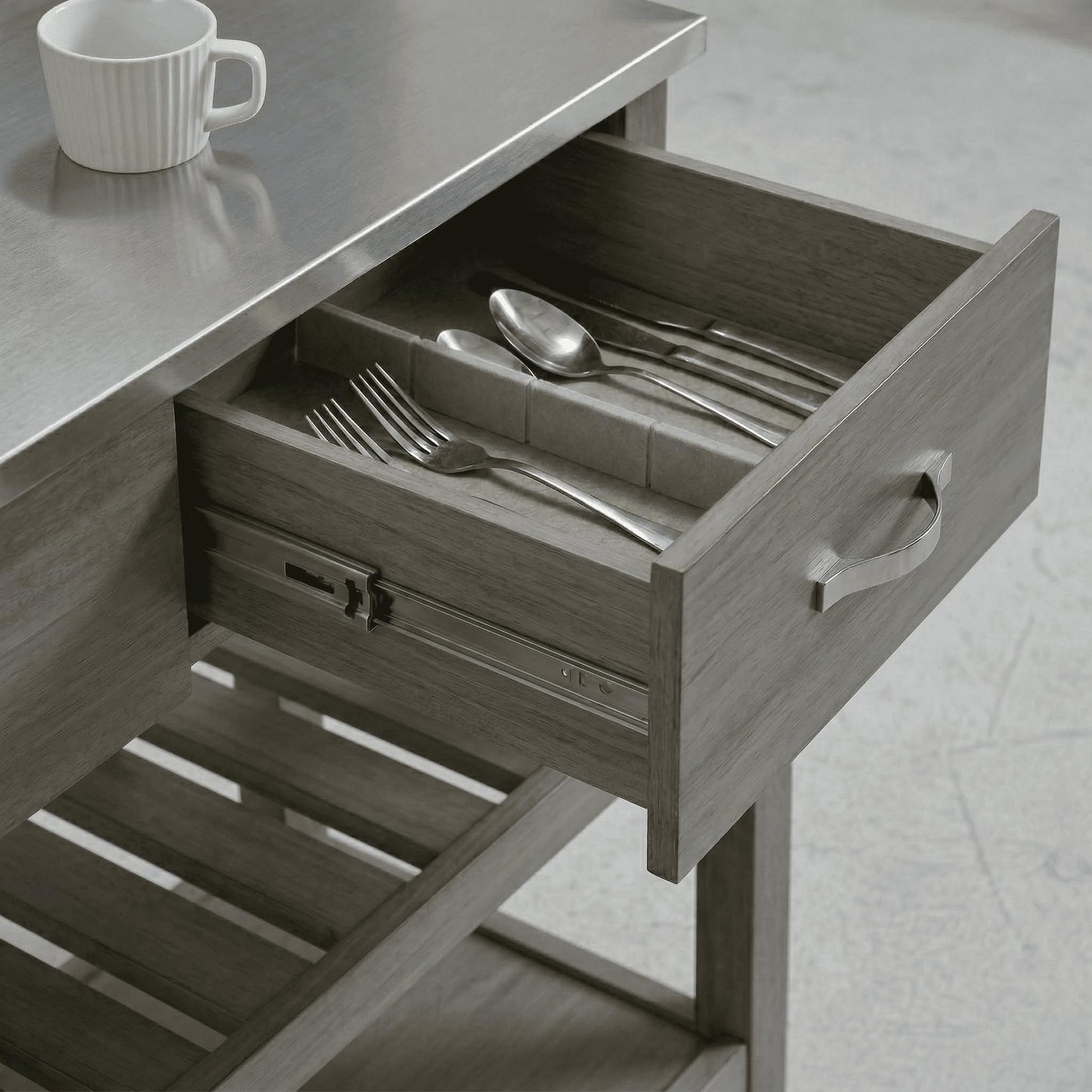Casaphoria Amanda Collection Solid Wood Kitchen Island, 42" Butcher Block Cart with Stainless Steel Top & Locable Wheels, Prep Table for Small Spaces (Weathered Gray)