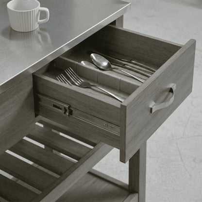 Casaphoria Amanda Collection Solid Wood Kitchen Island, 42" Butcher Block Cart with Stainless Steel Top & Locable Wheels, Prep Table for Small Spaces (Weathered Gray)