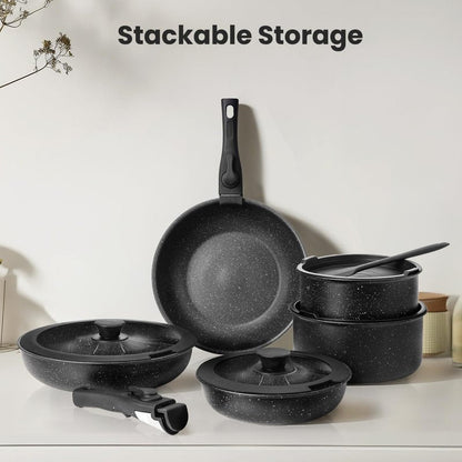 12 Pcs Pots and Pans Set, Nonstick Kitchen Cookware Sets Detachable Handle, Induction Healthy Non Stick RV Cookware, Dishwasher ＆ Oven Safe, Black