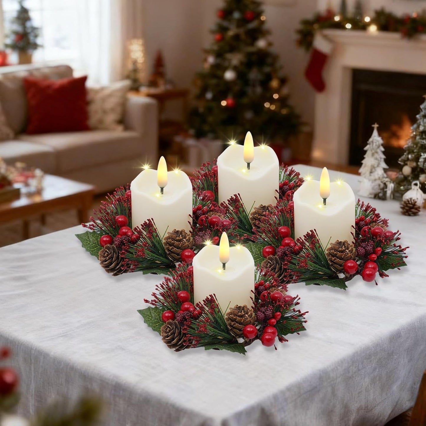 Regine Switzerland Candle Rings Set of 4 - Festive Wreaths with Red Berries & Pinecones for Holiday Decor